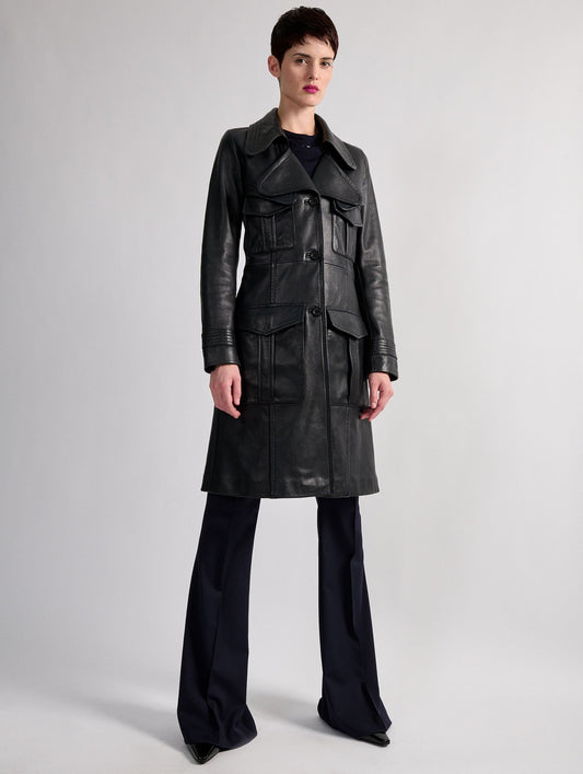 Navy plongé leather trench coat