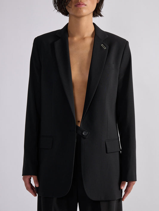 Veste droite en toile de laine noire