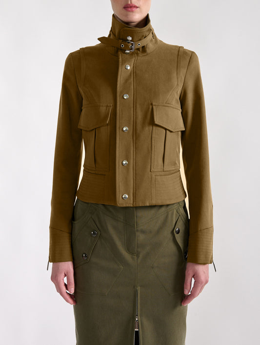 Khaki stretch gabardine high-collar jacket