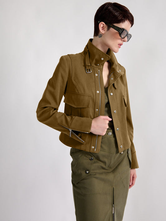 Khaki stretch gabardine high-collar jacket