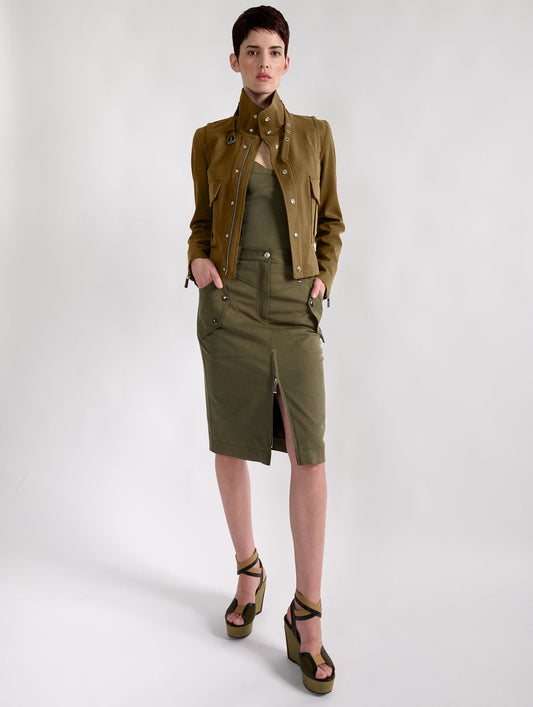 Khaki stretch gabardine high-collar jacket