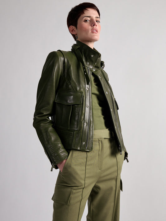 Khaki leather high-collar jacket