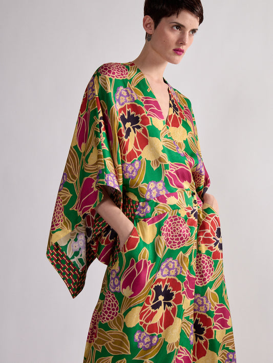 Geisha printed satin kimono dress