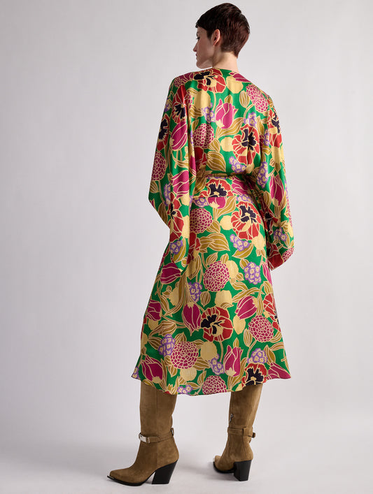 Geisha printed satin kimono dress
