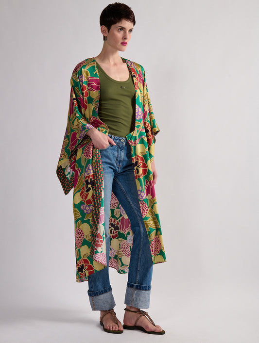 Geisha printed satin kimono dress