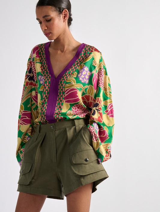 Geisha printed satin long sleeve top