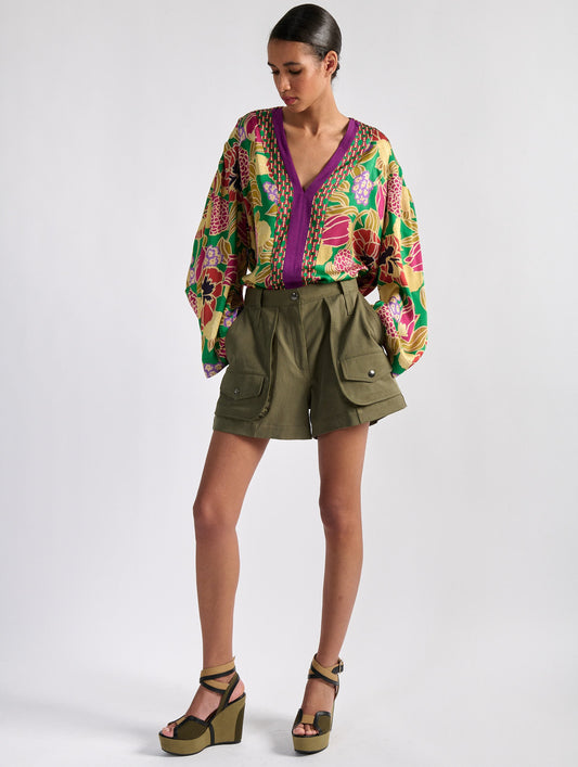 Geisha printed satin long sleeve top