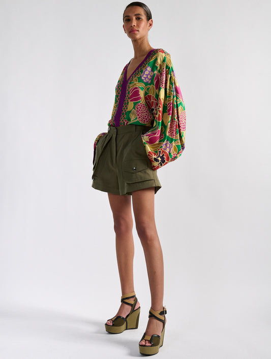 Geisha printed satin long sleeve top