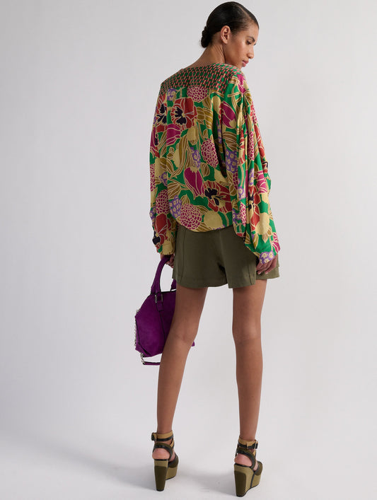 Geisha printed satin long sleeve top