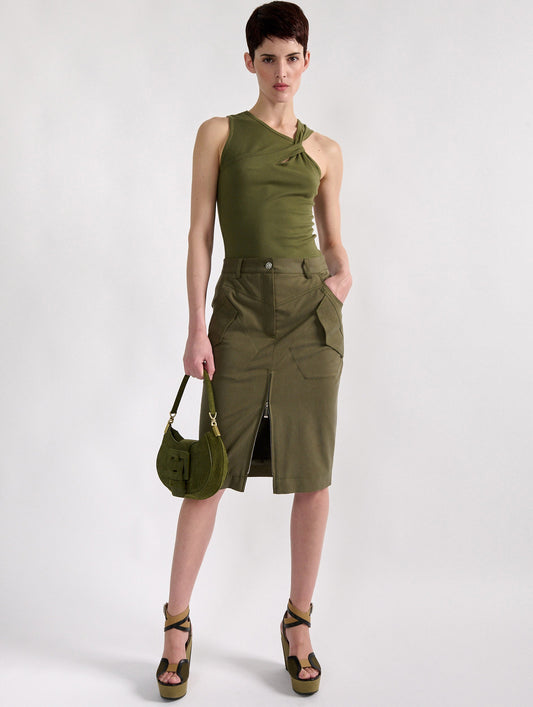 Jupe crayon zippée en gabardine stretch kaki