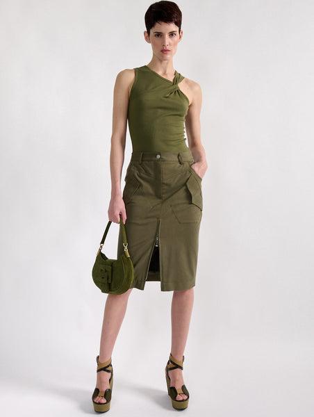 Jupe Trompette Monse Neuve - Taille 2, Couleur Kaki Gabardine, Volants, Zippée - Prix D'origine 890€