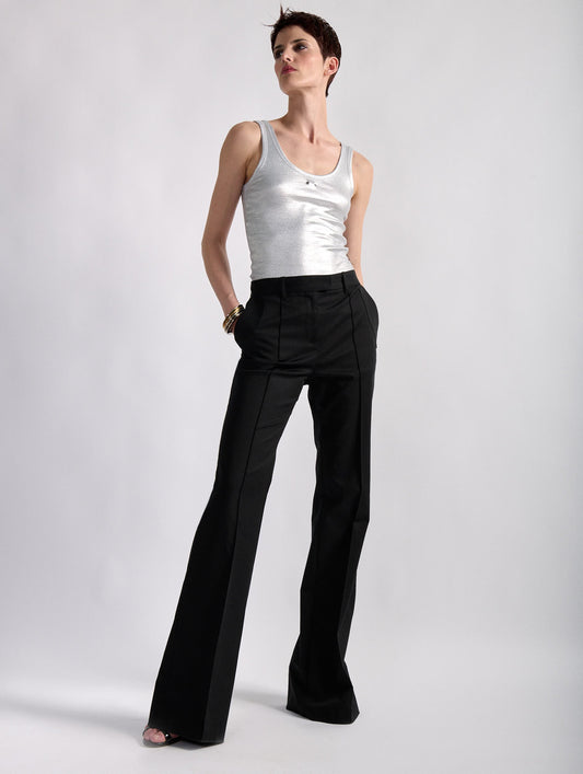 Black stretch wool gabardine bootleg trousers