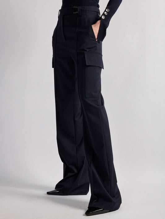 Pantalon battle en gabardine de laine stretch navy