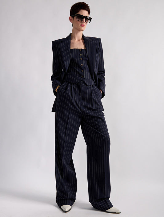 Navy tennis stripe high-waisted pleated trousers