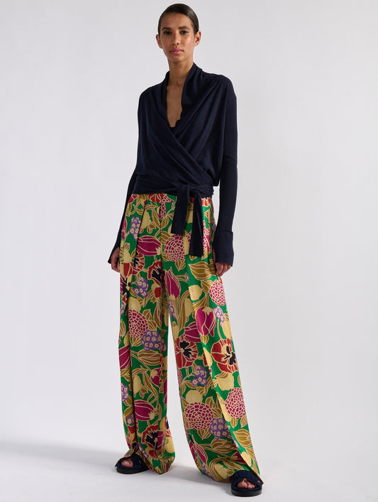 Pantalon à jambes larges en satin imprimé Geisha