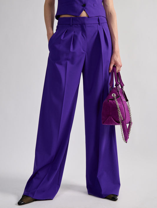 Pantalon taille basse en toile de laine violette