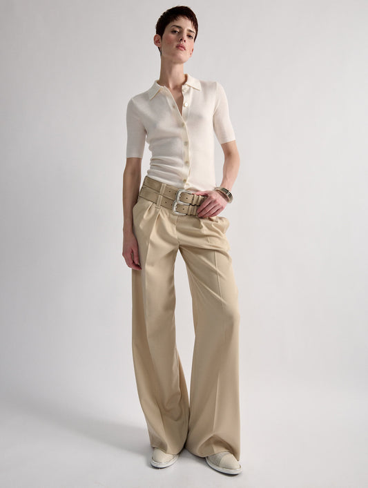 Pantalon à plis en gabardine stretch sable