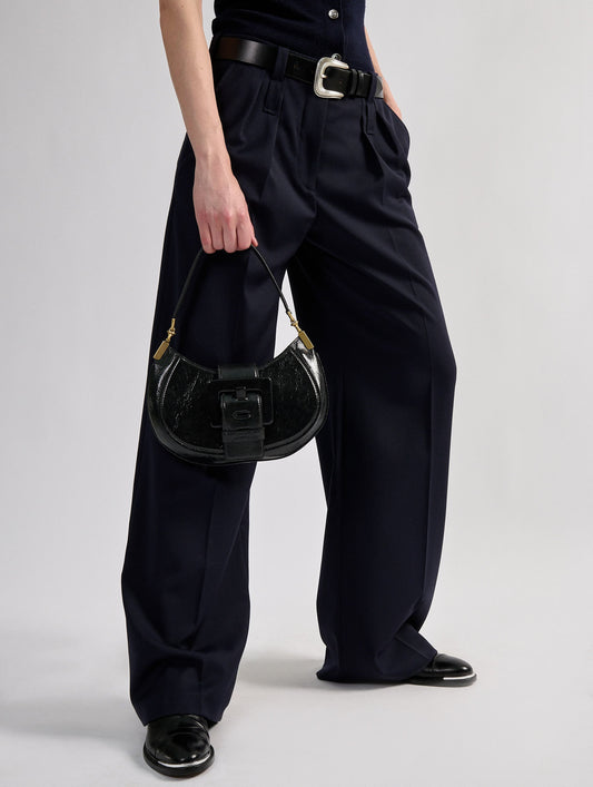 Black stretch wool gabardine wide-leg trousers