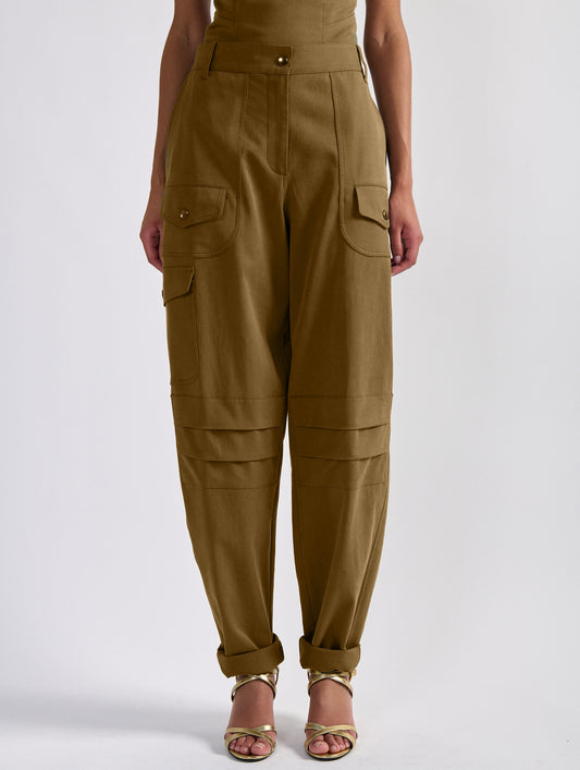 Camel stretch gabardine cargo trousers