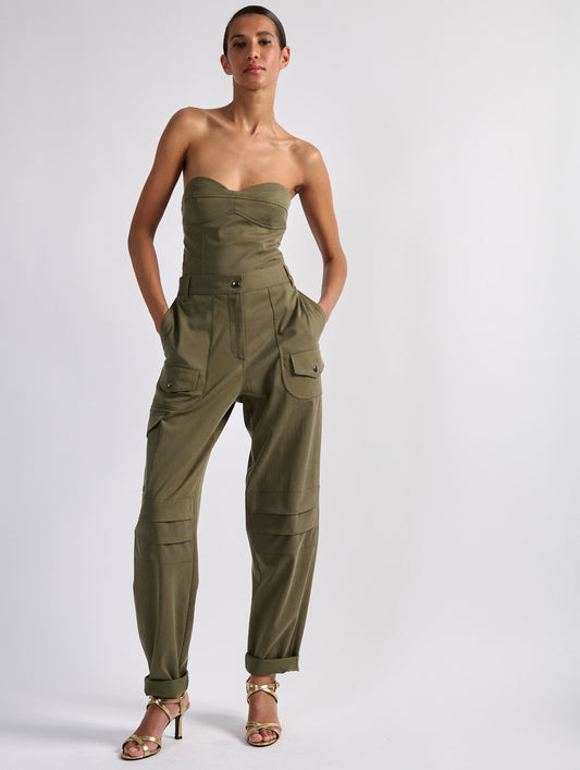 Olive green stretch wool gabardine cargo trousers