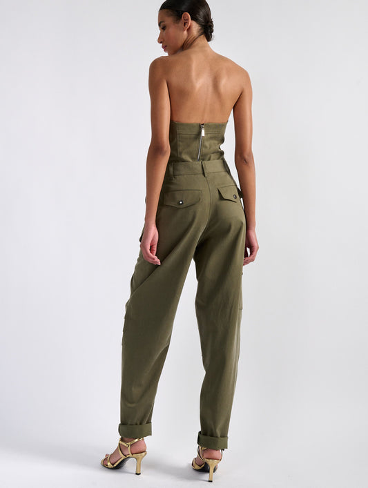 Olive green stretch wool gabardine cargo trousers
