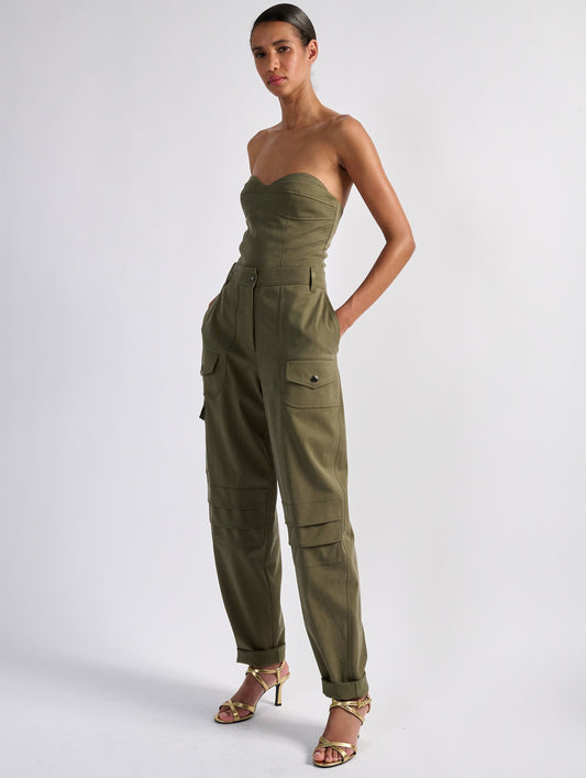 Olive green stretch wool gabardine cargo trousers