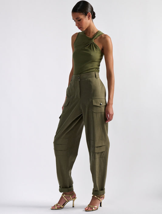 Olive green stretch wool gabardine cargo trousers