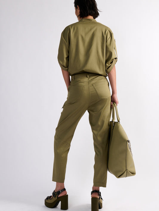 White mercerised satin cargo trousers