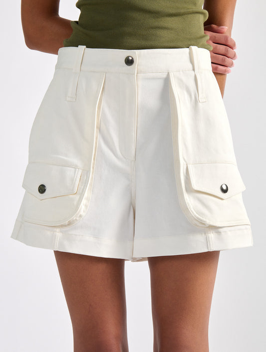 White stretch gabardine cargo shorts