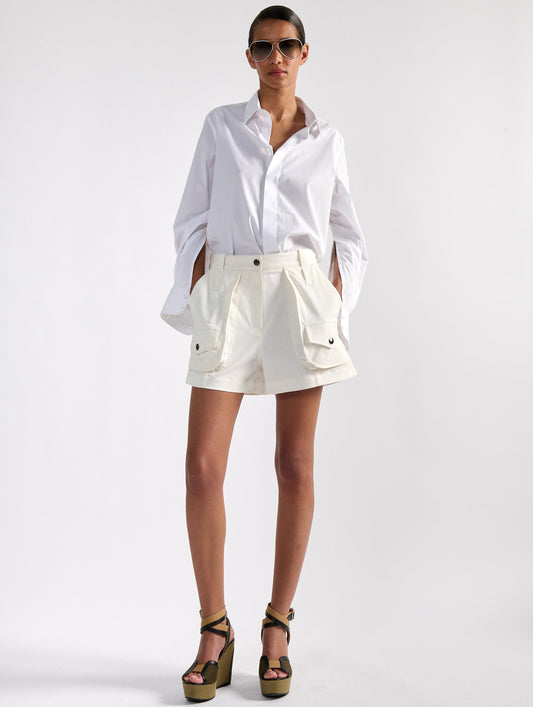 White stretch gabardine cargo shorts
