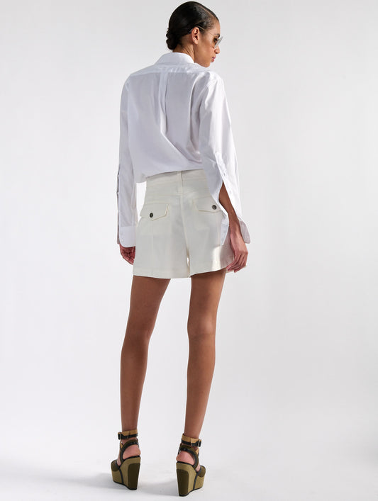 White stretch gabardine cargo shorts