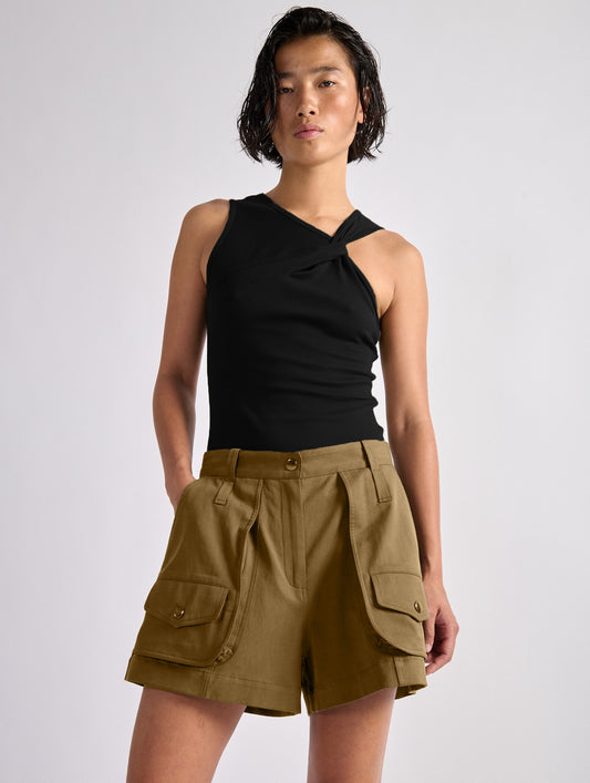 Khaki stretch gabardine cargo shorts