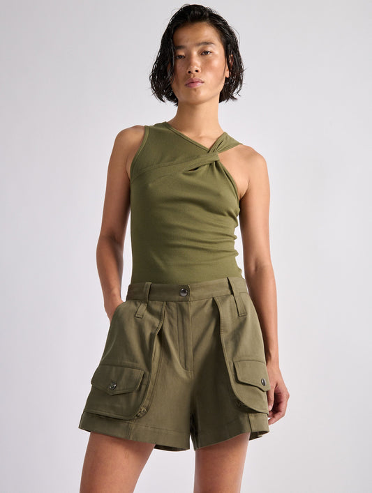 Khaki stretch gabardine cargo shorts