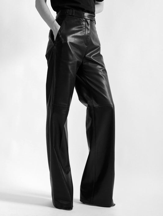 Black plongé leather wide-leg trousers