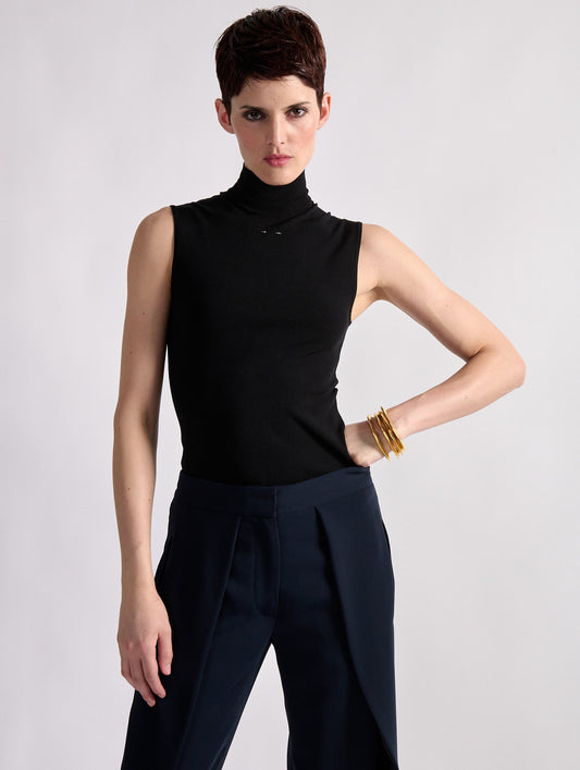 Black second-skin sleeveless high-neck sweater