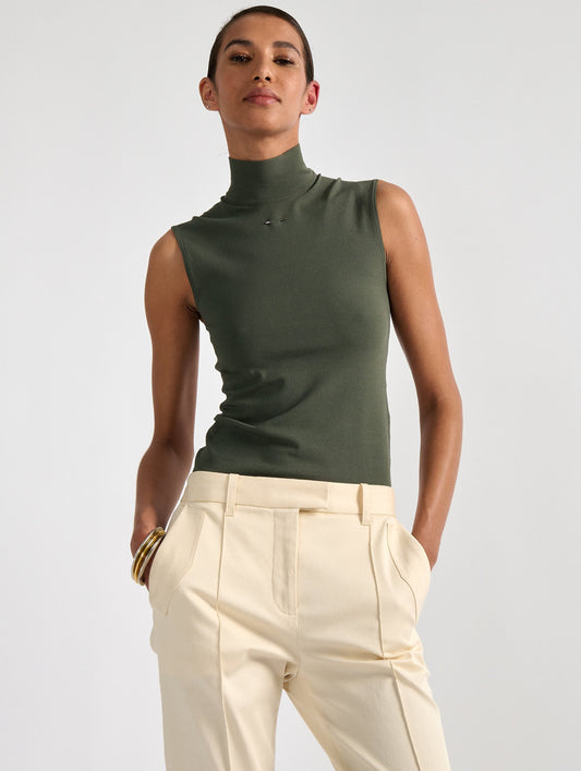 Khaki second-skin sleeveless high-neck sweater