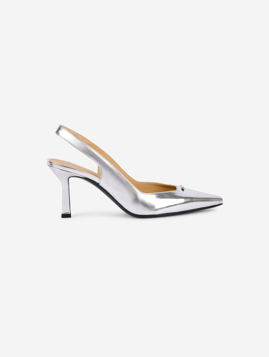 Sling-back decolletés in silver patent leather