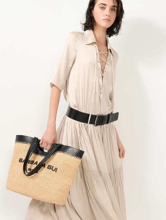 Sac cabas en raphia naturel et cuir noir