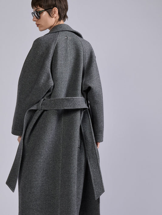 Manteau ceinturé en double twill diagonale gris