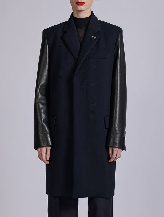 Navy textured herringbone two-tone overcoat
