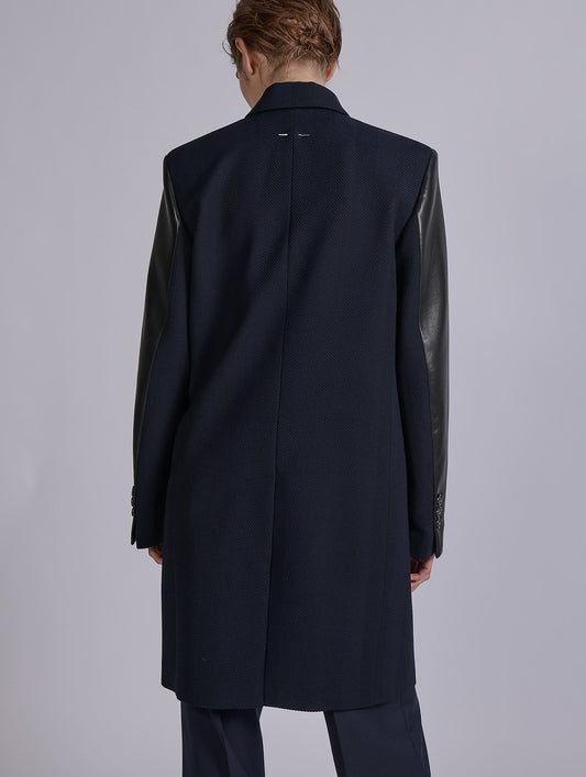 Navy textured herringbone two-tone overcoat
