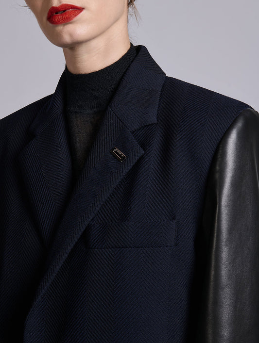 Navy textured herringbone two-tone overcoat
