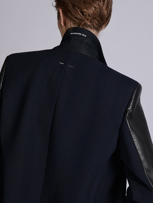 Navy textured herringbone two-tone overcoat
