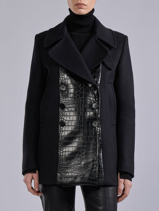 Black bi-material pea coat in wool-cashmere
