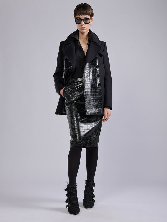Black bi-material pea coat in wool-cashmere

