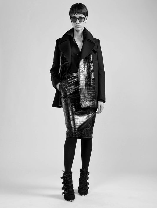 Black bi-material pea coat in wool-cashmere

