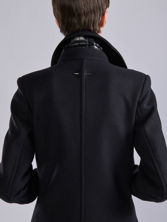 Black bi-material pea coat in wool-cashmere
