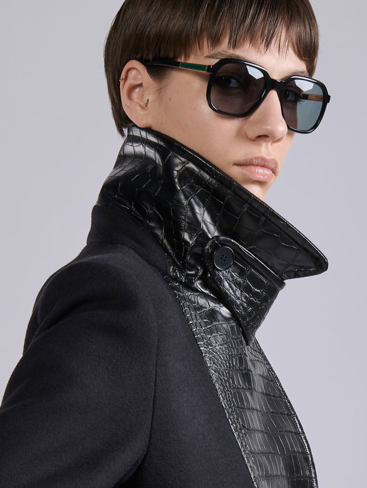 Black bi-material pea coat in wool-cashmere
