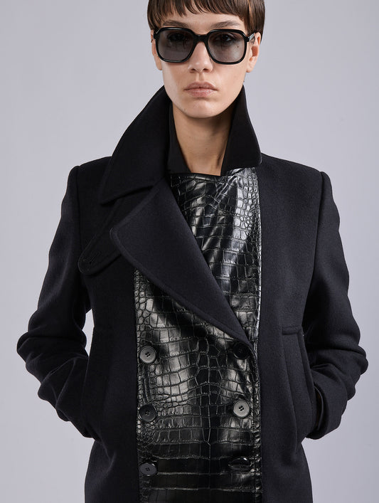 Black bi-material pea coat in wool-cashmere
