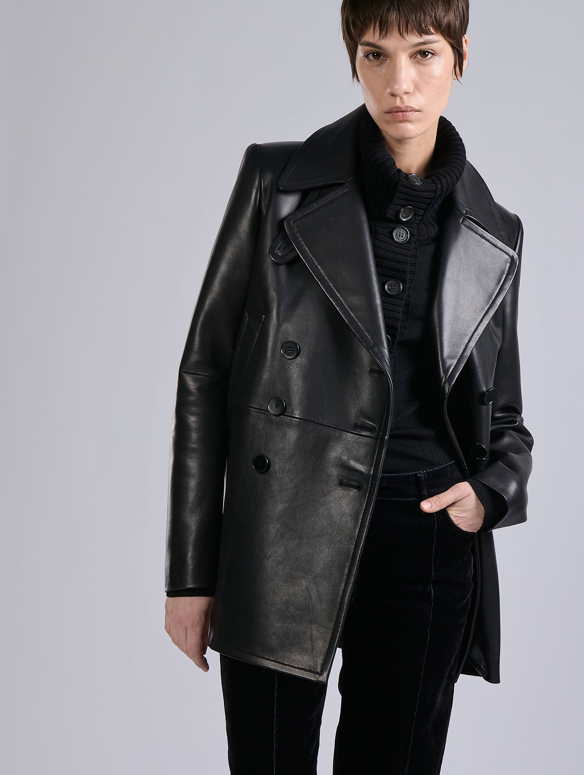 Women ready-to-wear | Black plongé leather pea coat | Barbara Bui
